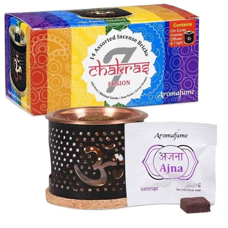 Кутия с Комплект дифузер и 14 ароматни блокчета "Aromafume, Seven chakra" и опаковка чай.
