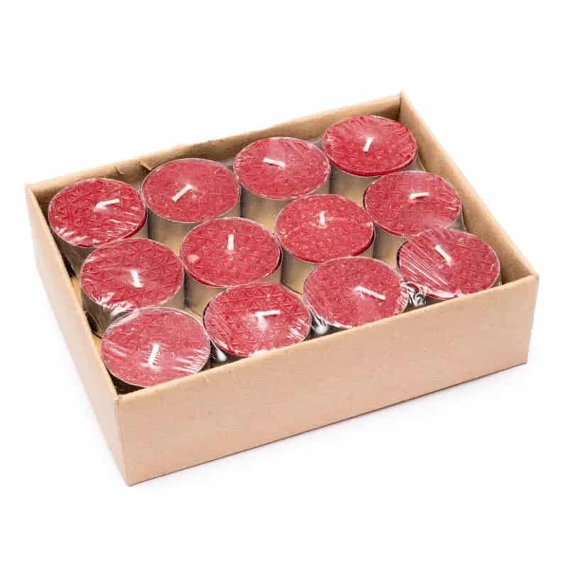 A box of Fair Trade Восъчни свещи с аромат на роза – 1 бр. или 24 бр. в картонена кутия.