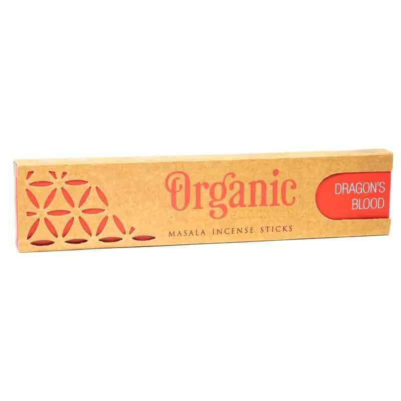 A box of Organic Goodness Ръчно изработени ароматни пръчици – Драконова кръв на бял фон.